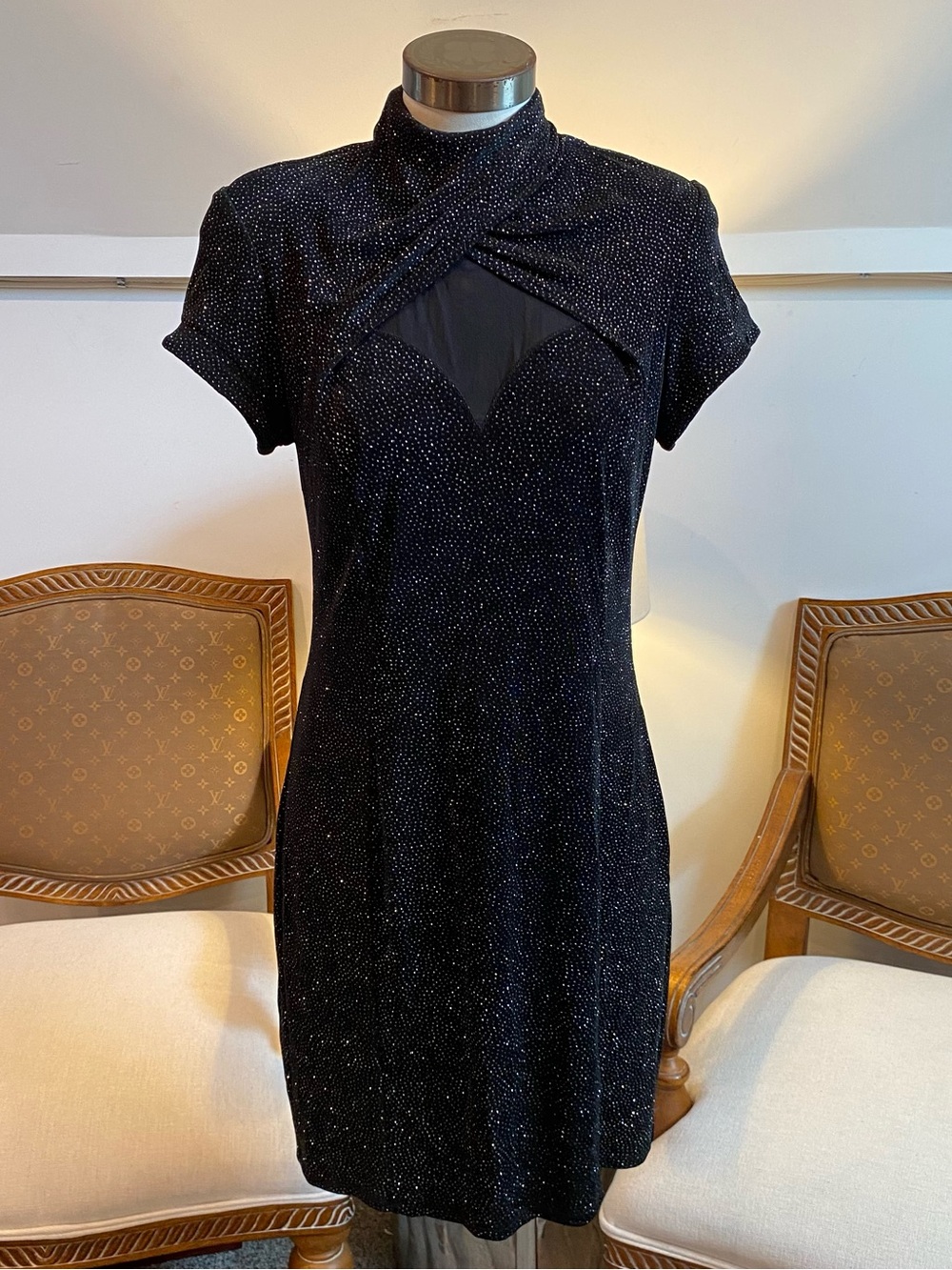 Vintage 90s Sparkling Black Nylon Short Sleeve Mini Dress w Mesh Panel 12 Gothic